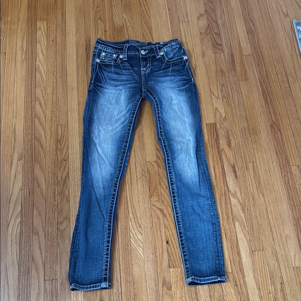 Miss Me Blue Skinny Jeans with Rhinestones and Tapered Fit